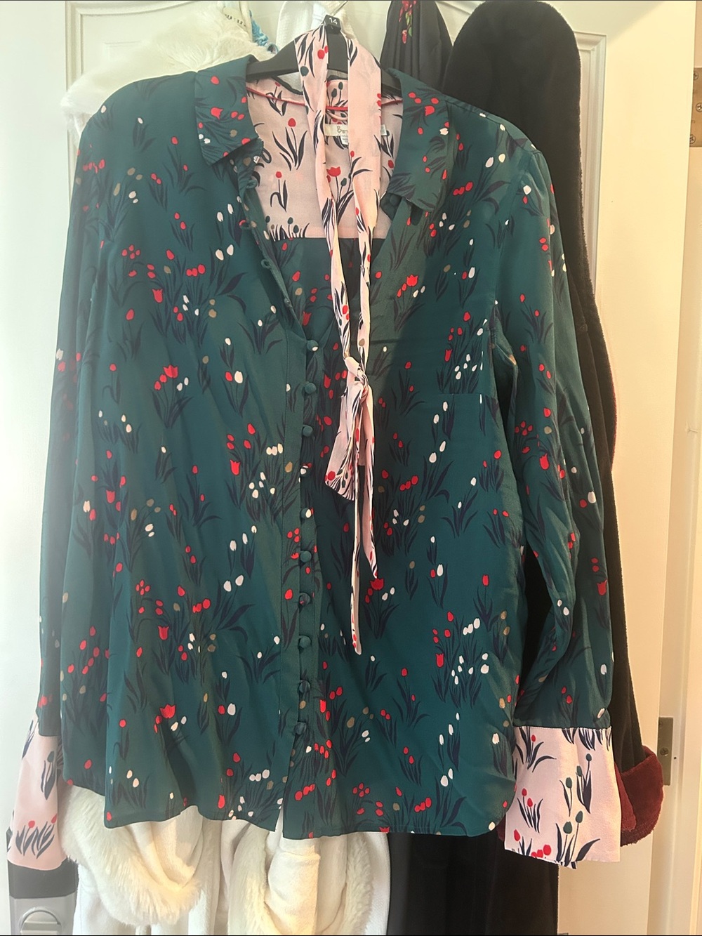 Boden Green Floral Tie-Neck Blouse with Pink Accents